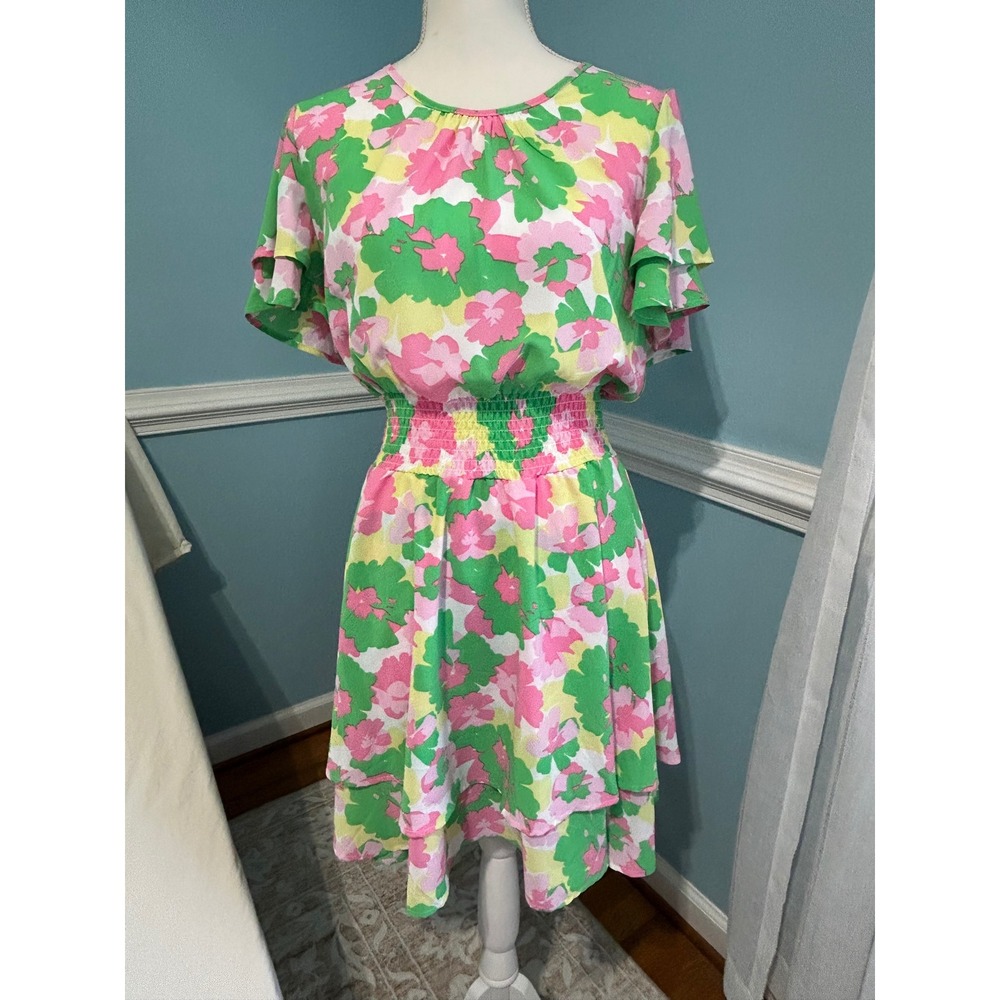 Michelle McDowell Floral Smocked Waist Tiered Flutter Sleeve Dress new with tags